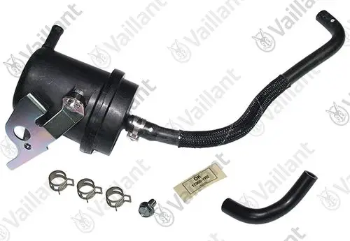 Schwarzer Ölabscheider mit Halterung, Silikonschläuchen und Befestigungselementen von Vaillant, geeignet für Heizsysteme.